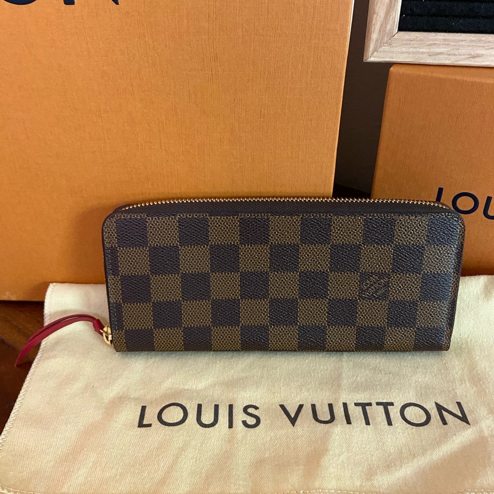 Louis Vuitton Brown Checkered Wallet with Gold Zipper